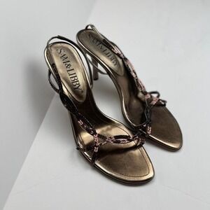 Y2K Strappy Metallic Sequin Heels in Bronze Vintage Glam Women's Size 9 Leather